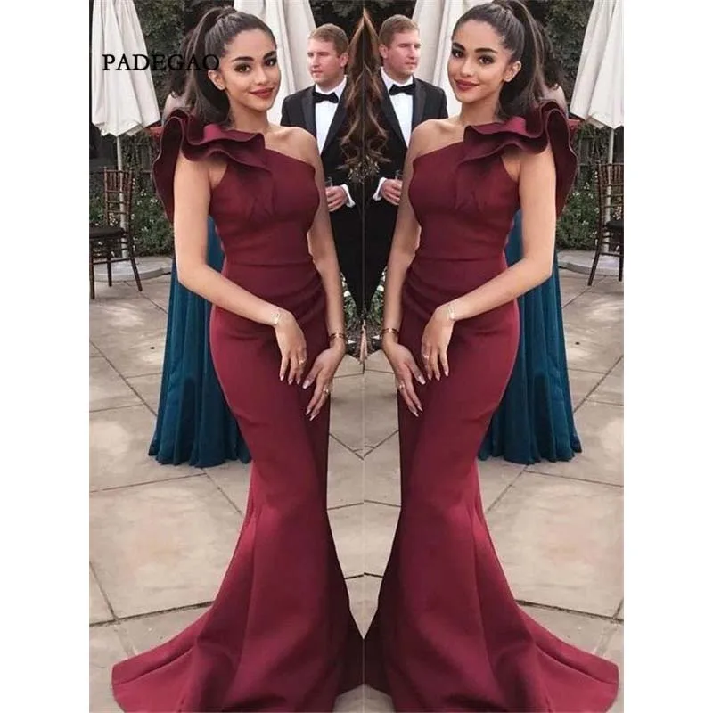 

Cheap Dark Red Evening Dresses Mermaid One Shoulder Sleeveless Sweep Train Ruffles Evening Dress Plus Size Custom Made