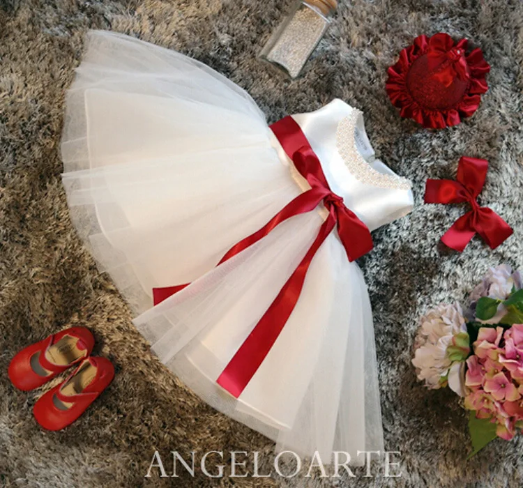New Flower Girls Dresses Children Sleeveless Beading Tulle Party Wedding Dress with Red Ribbon Formal Princess | Детская одежда и