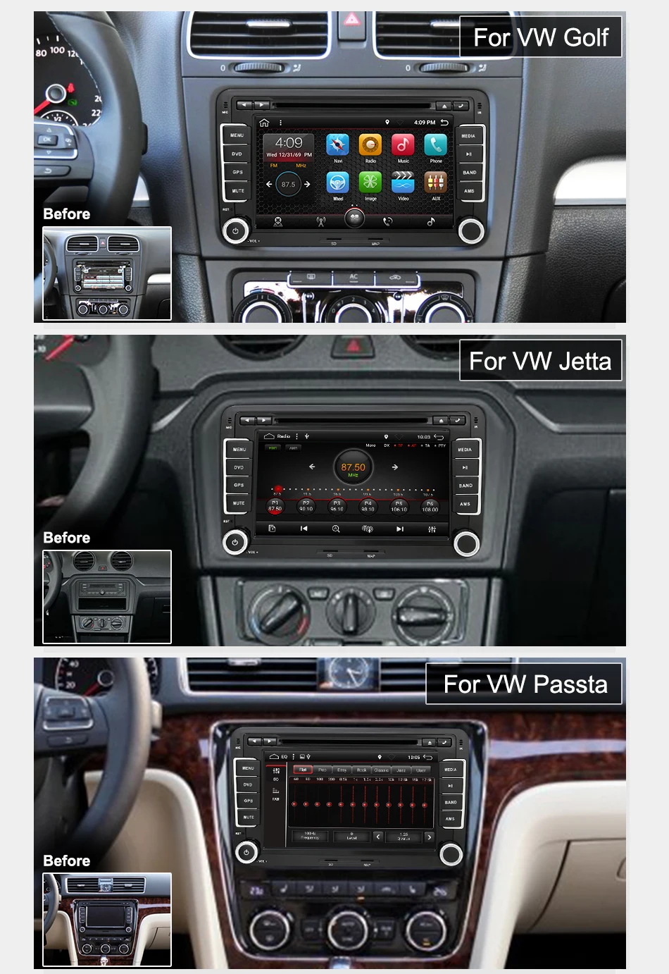 Eunavi 2 Din 4G 64G ips Android 9,0 автомобильный dvd Радио стерео для VW GOLF 6 Polo Bora JETTA B6 PASSAT Tiguan SKODA OCTAVIA хедунт ПК