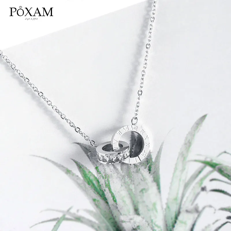 POXAM Роскошные элегантные хрустальные колье модные римские цифровые из нержавеющей стали кулон из золота и серебра ожерелья для женщин мужские ювелирные изделия