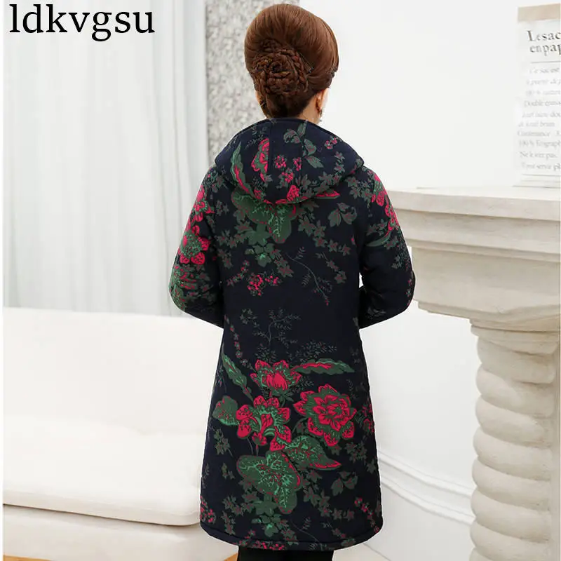 6XL 2020 зимняя женская хлопковая куртка с принтом для женщин среднего возраста плюс