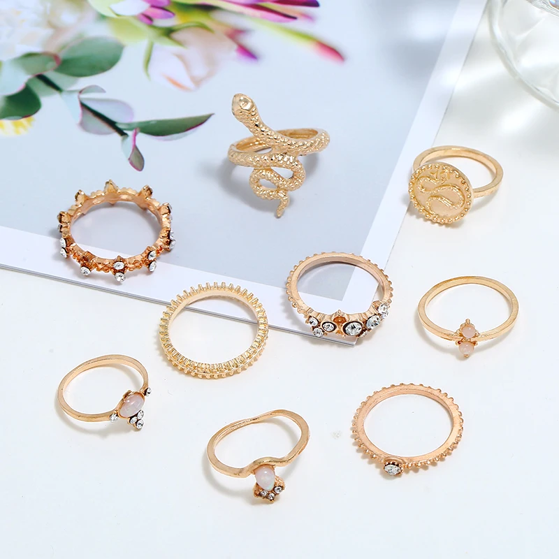 Vintage Snake Shape Animals Style Rings Set Gold Crystal Joint Midi Ring Wedding Party Jewelry Accessories Gifts | Украшения и