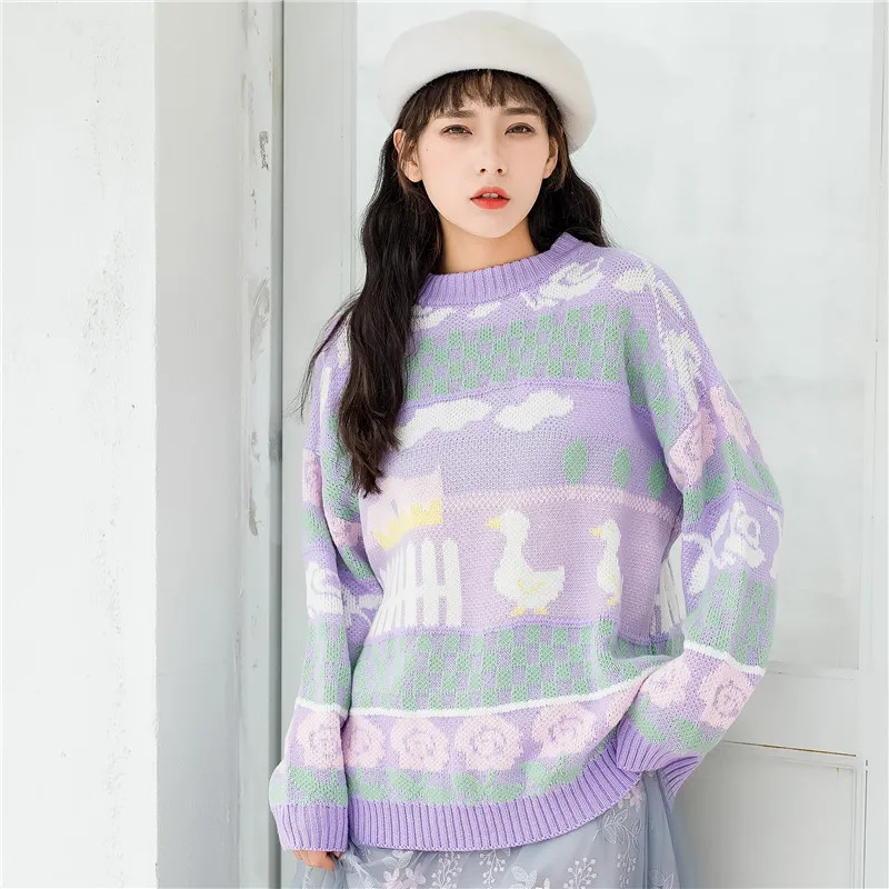 Autumn New Design Women Sweet Pullover Sweaters Crew Collar Ladies Loose Knitwear Jumpers Tops Cuet Ducks Flower Knitted | Женская