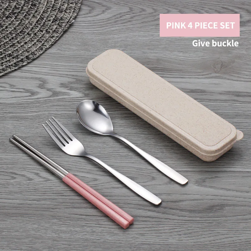 WORTHBUY Portable Dinnerware Set Stainless Steel Cutlery With Wheat Straw Handle Tableware Set For Kids School Dinner Set - Цвет: Pink 4 Set