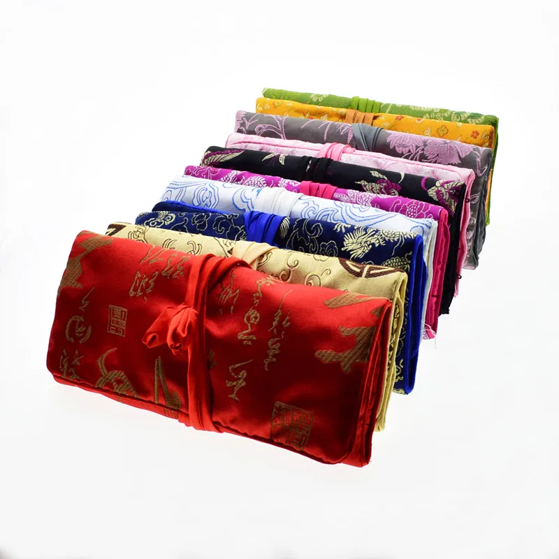 10pcs Portable Silk Brocade Jewelry Roll Travel Bag 3 Zipper Folding Large Women Drawstring Cosmetic Makeup Pouches