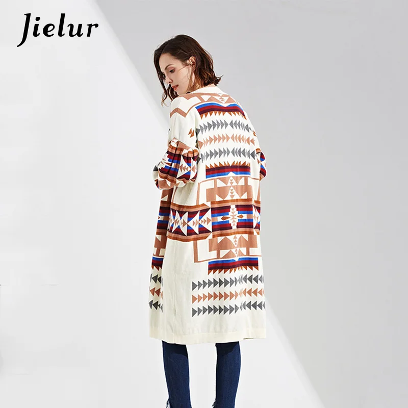 Jielur Winter Europe Leisure Long Cardigan Geometric Pattern Printed Sleeve Lady's Sweater for Women Warm Knitted Cardigans |