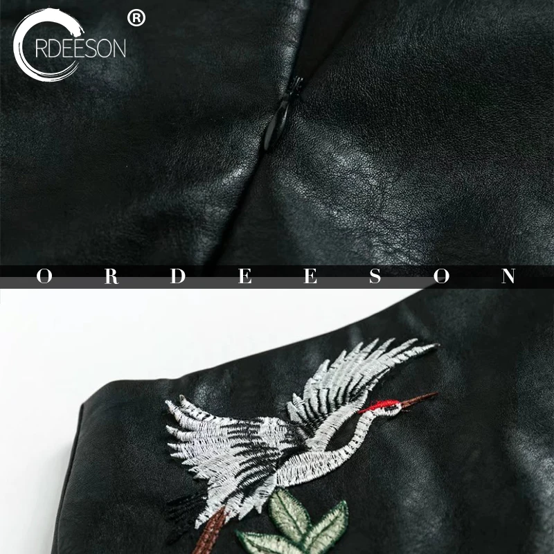 ORDEESON/зима-осень 2017 мини-юбка из искусственной кожи с вышивкой в виде цветов и птиц