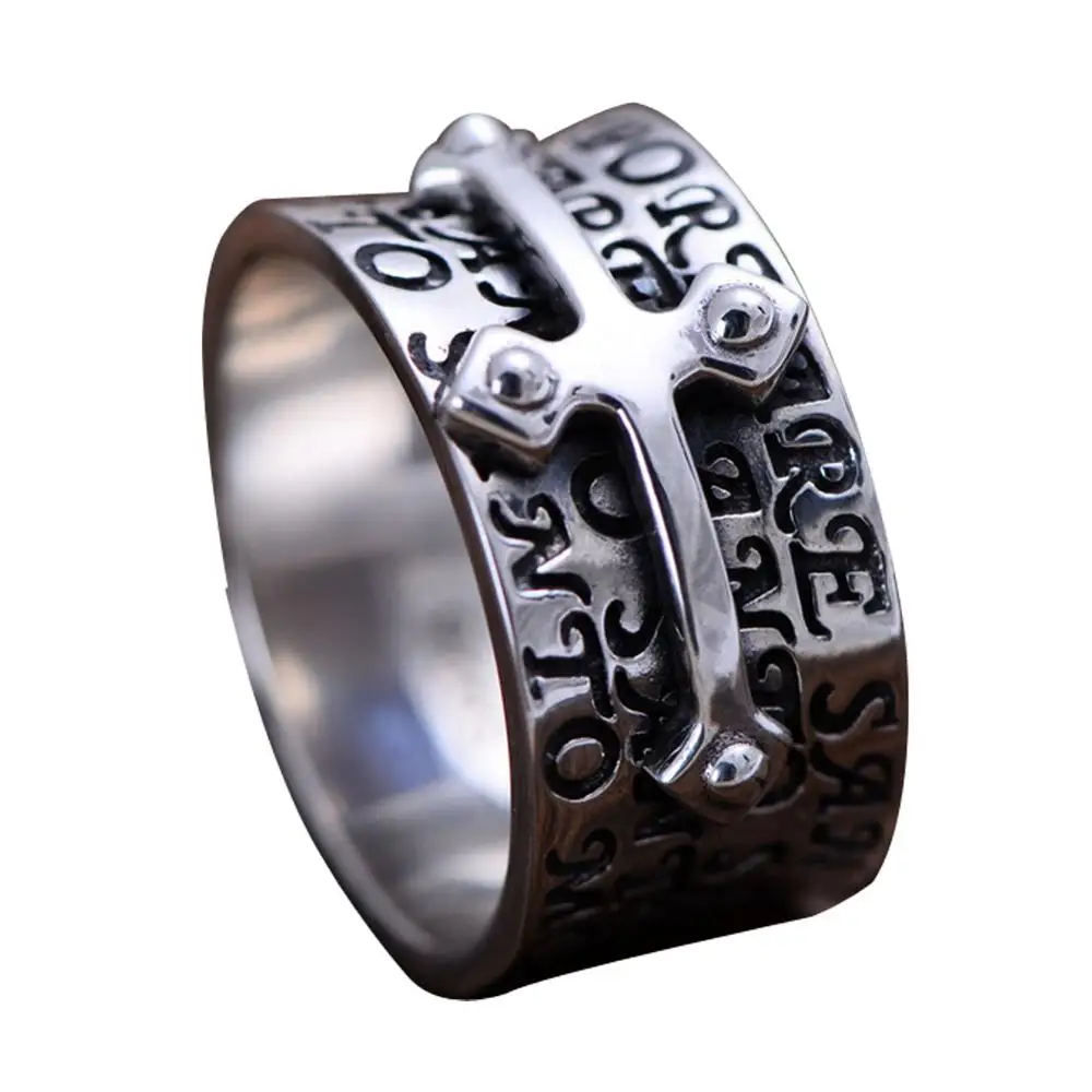 

Jade Angel Men Retro Sterling 925 Silver Engraved Words Cross Band Style Ring Christmas Gifts Father's Day Gifts Birthday Gift