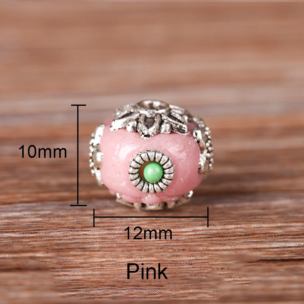 Pink Бусины ручной работы из сплава меди, 12 мм, круглые индийские, непальские, индонезийские, тибетские бусины в винтажном стиле для изготовления браслетов и других ювелирных украшений, модель 1177 - Цвет: Pink