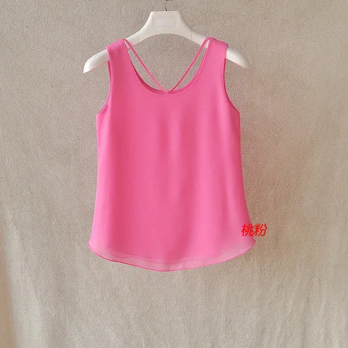 Peach pink Fashion Brand Women Tanks Top Summer Sexy Shirt Camis Plus Size Sleeveless Blouse Double Layer Chiffon Blouses - Цвет: Peach pink