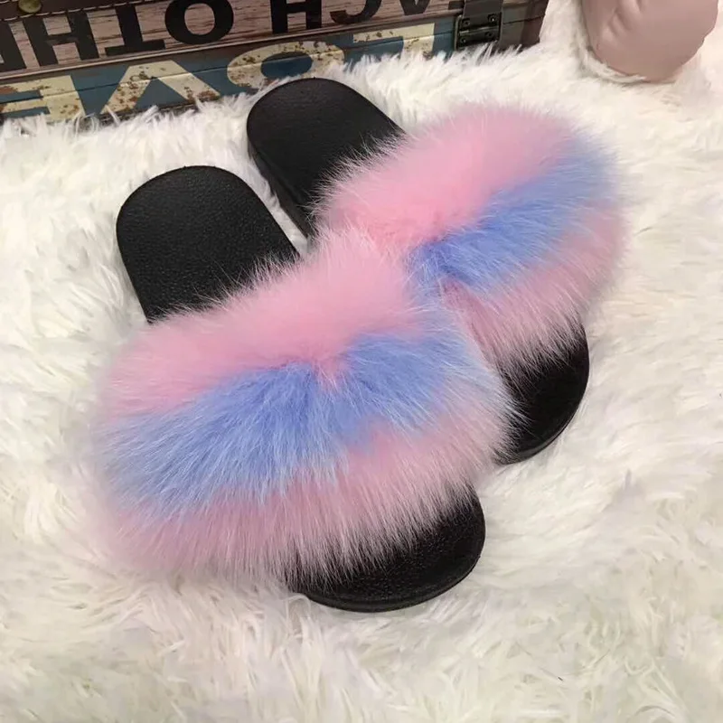 powderblue Fluffy Slippers Real Fox Fur Slides Indoor Flip Flops Casual High Recommend Raccoon Fur Sandals Vogue Plush Shoes - Color: powderblue