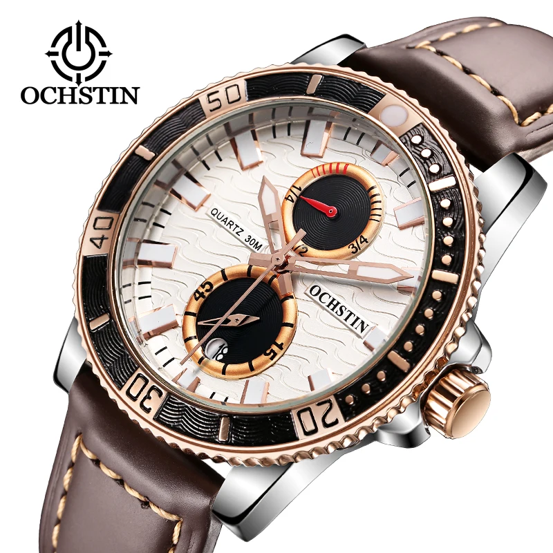 

2017 Luxury Ochstin Men Sport Watches Genuine Leather Band Men's Wristwatch Chronograph Watch Mens Top Brand Relogio Masculino