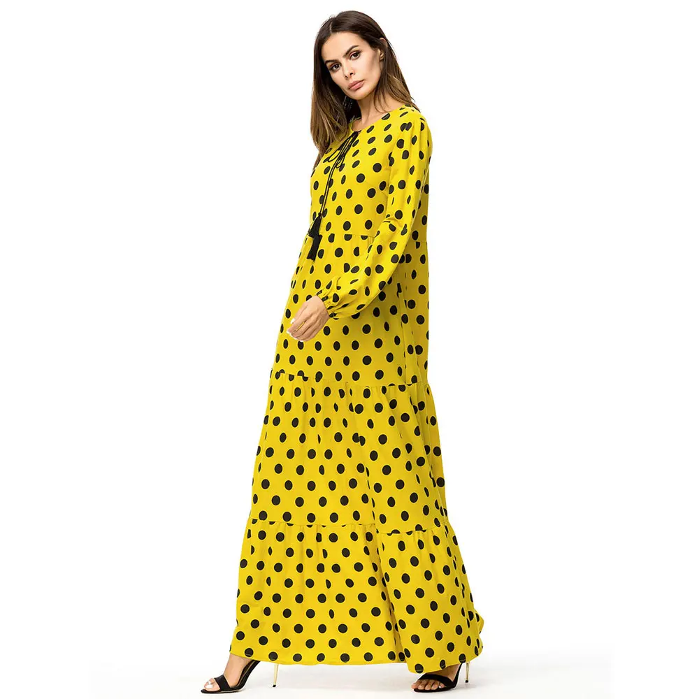 Женское длинное платье в горошек повседневное этническом стиле с завязками на