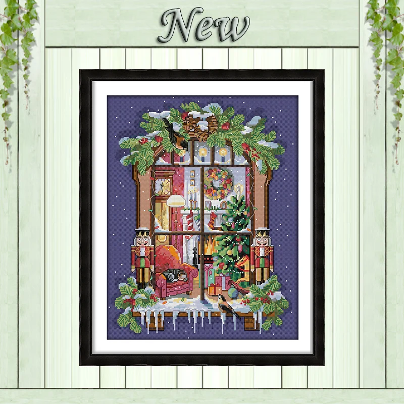 

Рождественская картина «Окно», напечатанная на холсте, DMC 11CT 14CT, китайские наборы для вышивки крестом, набор для рукоделия, вышивка