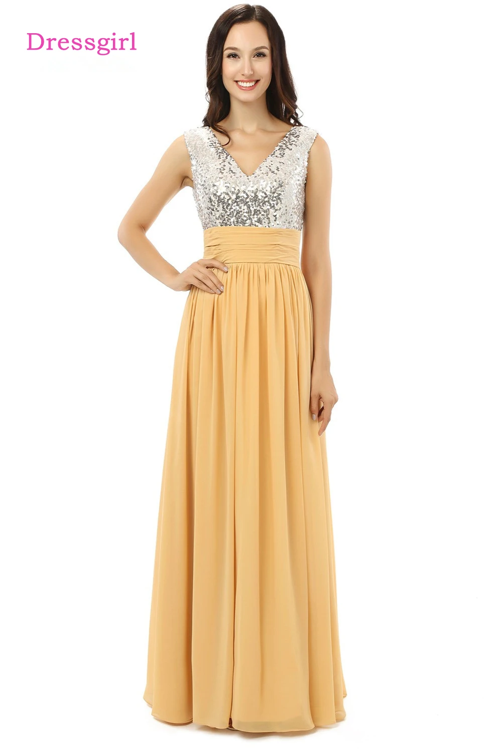 

Elegant Evening Dresses A-line V-neck Gold Chiffon Squins Long Evening Gown Prom Dress Prom Gown
