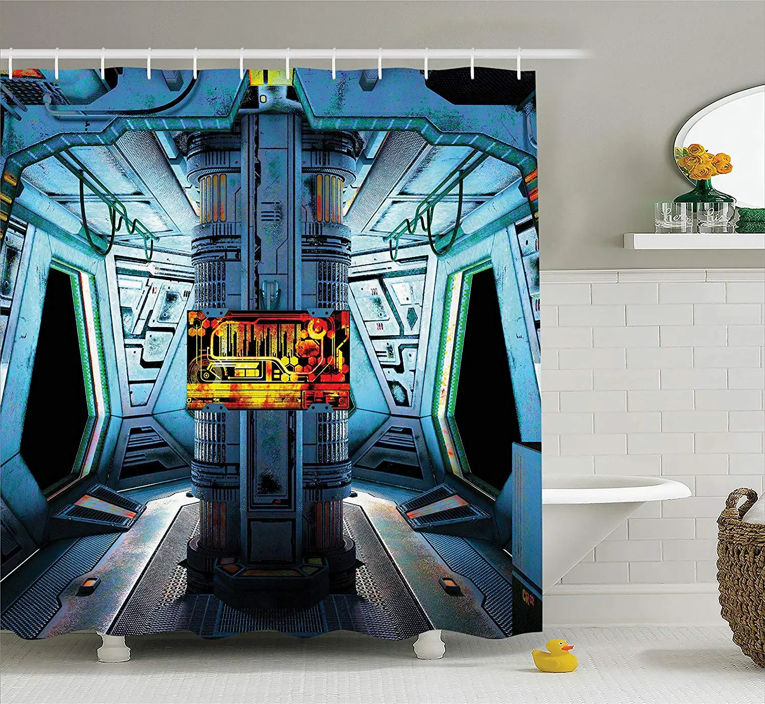 

Outer Space Decor Shower Curtain Space Ship Station Base Control Room With Technology Elements Features Image Bathroom