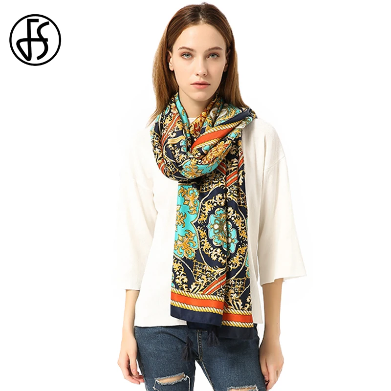 

FS Winter Geometric Pattern Print Bandana Sunscreen Cotton Silk Scarf Large Women Bohemia Shawl Scarves Tassel Beach Pashmina