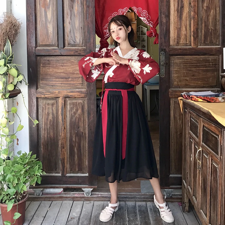 Haori Kawaii японское традиционное кимоно кардиган шифон цветочный принт Черная юбка винтажная одежда Комплекты из 2 предметов костюмы для косплея