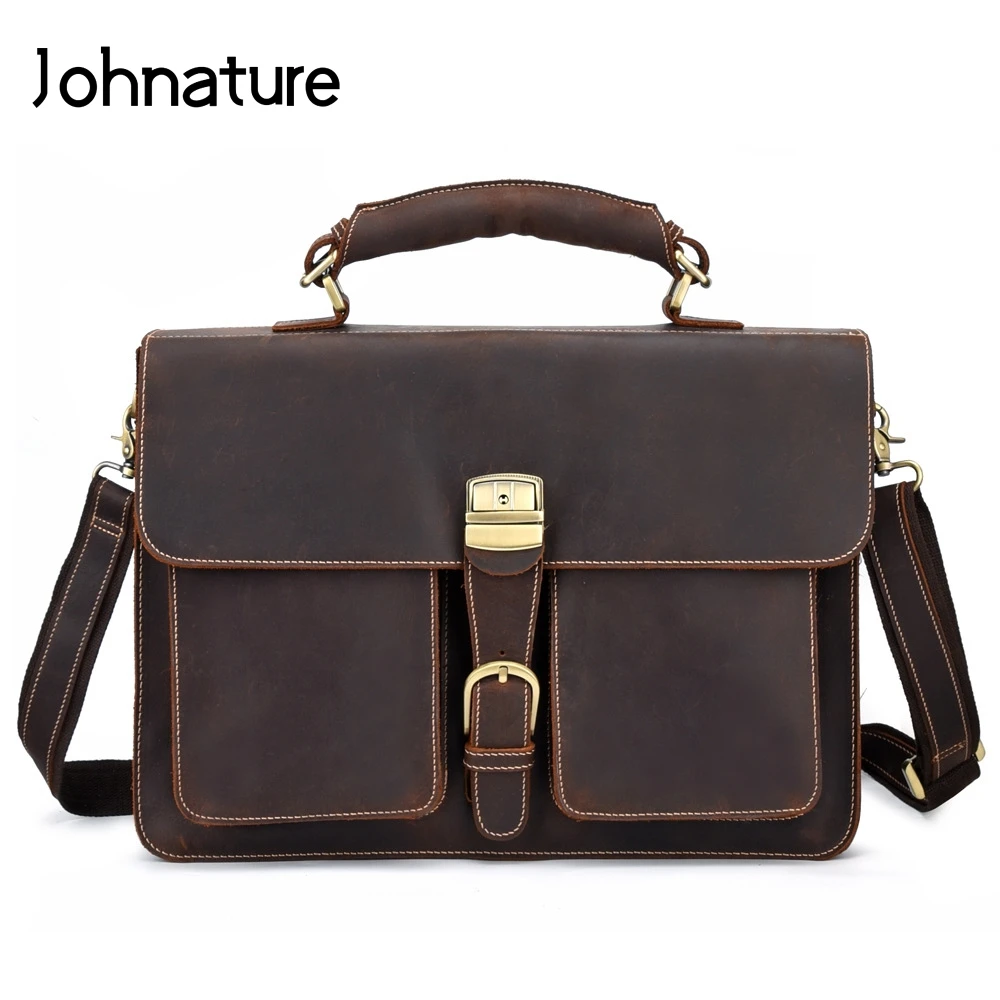 

Johnature 2021 New Vintage Genuine Leather Briefcase Men Computer Bags Large Bags For Laptops Handbags&Crossbody Bags 15 Inches