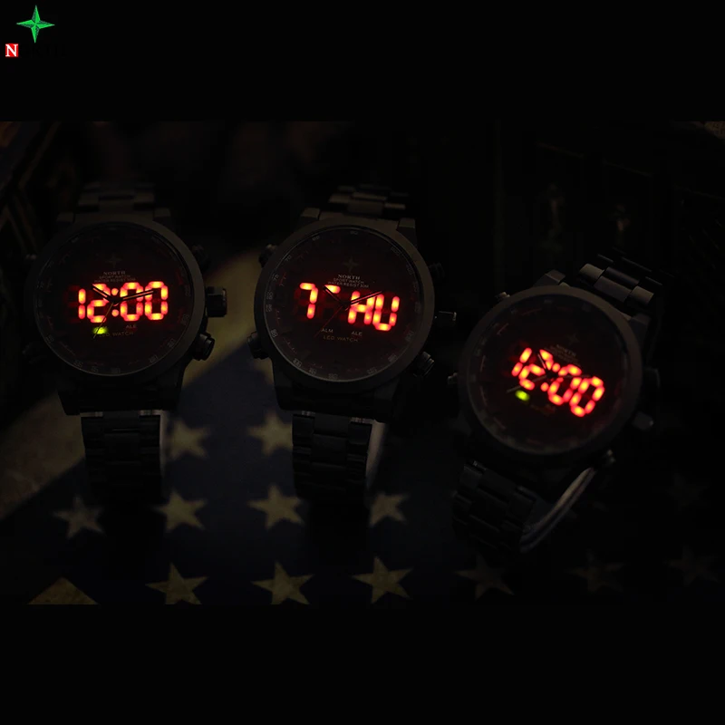 NORTH Men's Watches LED Military Digital Sports Quartz Watch Fashion Waterproof Stainless Steel Clock | Наручные часы