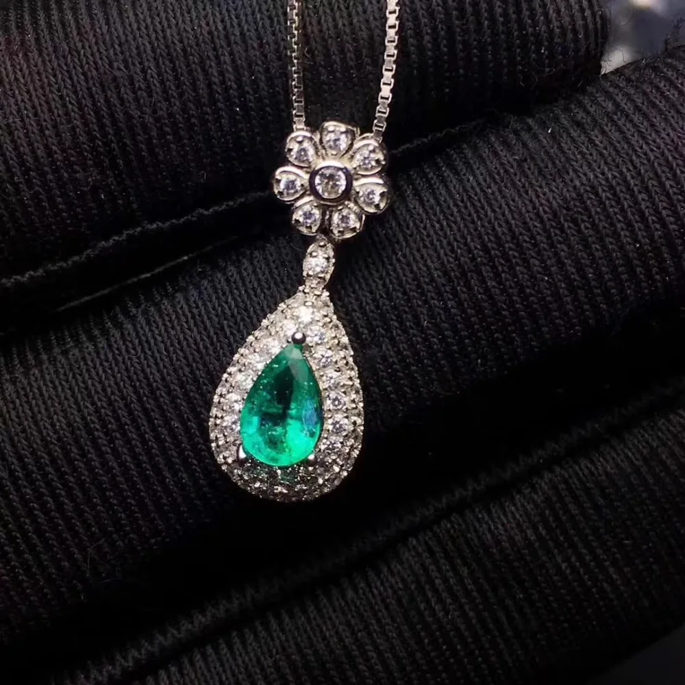 

natural green emerald gem pendant S925 silver Natural gemstone Elegant water drop Flower Pendant Necklace girl party jewelry