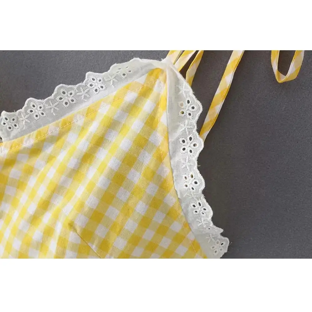 Женское винтажное платье в клетку boho желтое элегантное кружевное на пуговицах