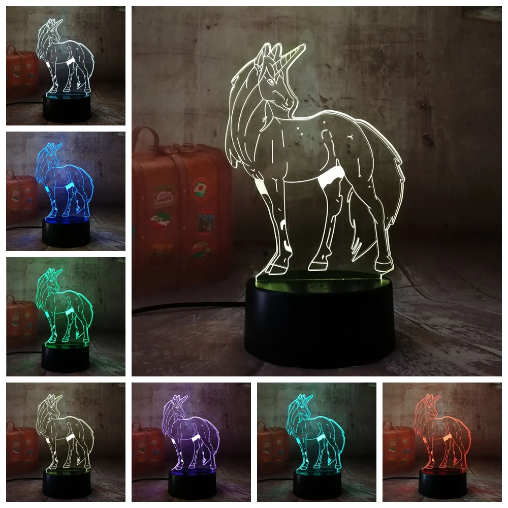 Новый 2019 3D RGB светодиодный ночной Светильник Единорог Лошадь мульти Цвет 7 цветов