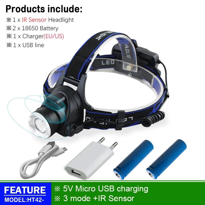 ИК-датчик фары белый желтый светильник cree xm l2 светодиодный налобный фонарь USB 18650 перезарядки головы фонарик светодиодный головной светильник светодиодный xml t6 - Испускаемый цвет: B
