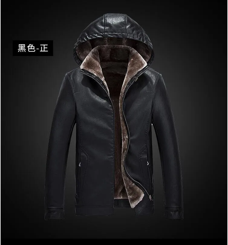 Мужская кожаная куртка на меху длинная с капюшоном из искусственной кожи черного