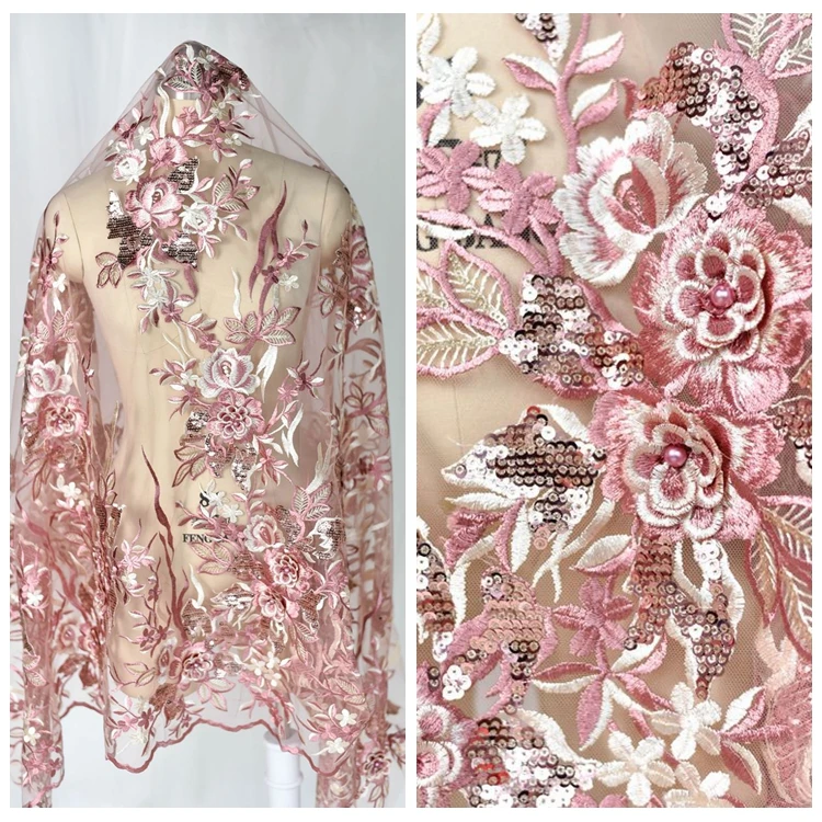 

3D Lace embroidery fabric Sequins beaded flower lace cloth Applique for DIY Wedding dress 1order=1yard