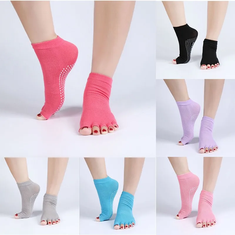 

1 Pair Anti-slip Cotton Exposed Toe Yoga Socks Women Toe Socks Solid Color Half Five Finger Female Non-Slip Sports Socks