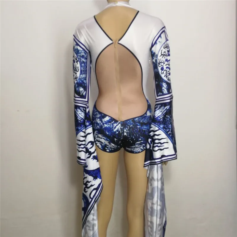 Sparkly rhinestones sexy bodysuit Pagoda sleeve leotard jumpsuit bright Crystals costume Nightclub Party DJ performance clothing