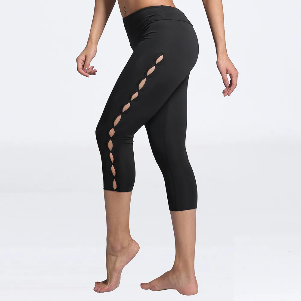 

2017 New Women Black Side Hollowed Fitness Quick Dry Workout Leggings Knee Length Aerobic Exercise Pant