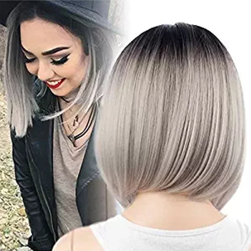 Deyngs короткие синтетические парики для черных женщин 14 дюймов Pixie Cut Ombre серые парики прямые синтетические волосы парики с темным корнем