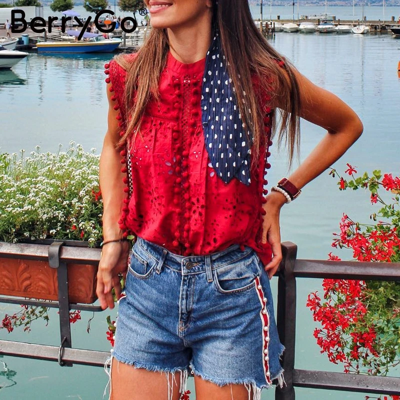 BerryGo элегантная повседневная Хлопковая женская блузка, рубашка без рукавов, летняя майка, рубашки, женские красные блузки с вышивкой и кисточками