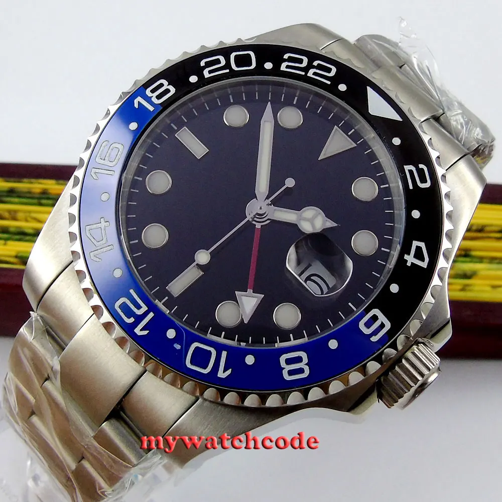

43mm bliger black sterile dial GMT Ceramic Bezel sapphire glass automatic mens watch 353