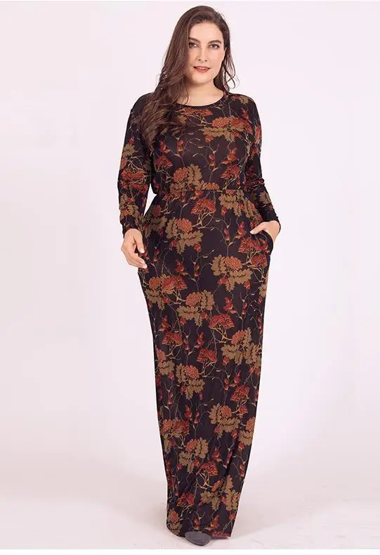 Women Long Maxi Dress Floral Printed Abaya Kaftan Bodycon Stretch Slim Plus Size Muslim Robe Gown Pockets Islamic Maxi Dress New