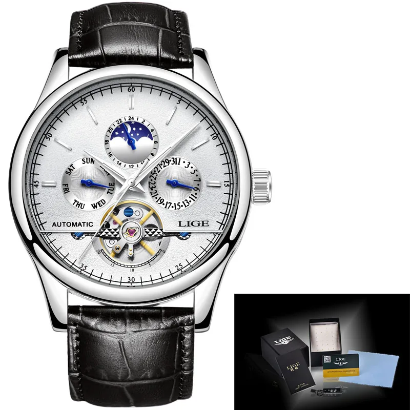 LIGE Брендовые мужские часы автоматические механические часы Tourbillon спортивные часы кожаные повседневные деловые часы в ретро-стиле Relojes Hombre - Цвет: L silver white