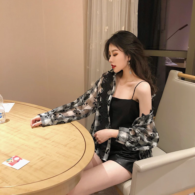 Модные женские топы и блузки лето 2019 сексуальная прозрачная клетчатая кружевная