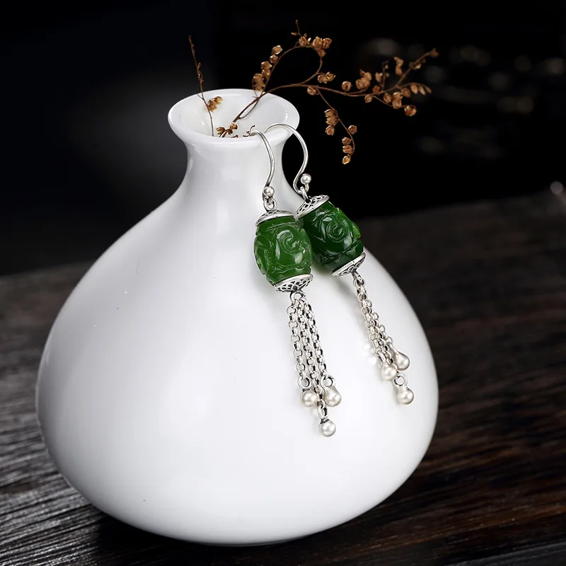 

Silver S925 Pure Silver Antique, Old Matte Inlay Jade Jade Jasper Tassel Lady Earrings Wholesale Earrings