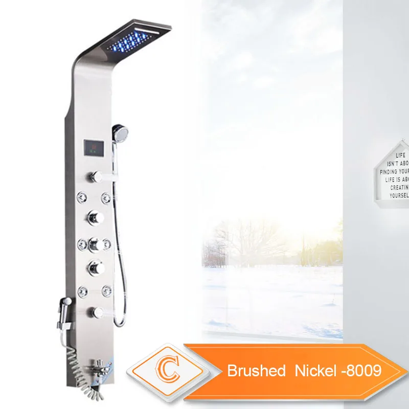 Brushed Nickel 8009 Золотая душевая панель водопад дождь Душевая Колонка настенный светодиодный светильник ванная душевая система поворотный массажный распылитель биде - Цвет: Brushed Nickel 8009