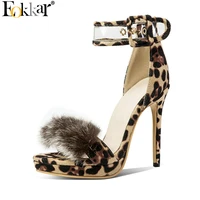 eokkar 2019 women pumps thin high heel open toe women sandals ankle strap lepard print platform summer women pumps size 34 45
