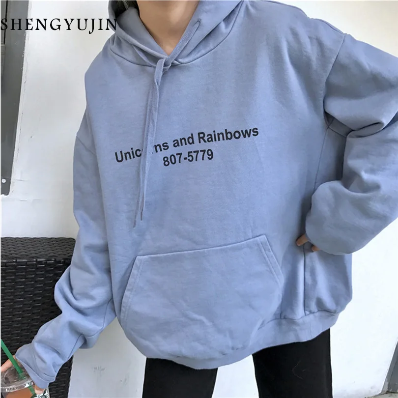 SHENGYUJIN хлопок 2019 для женщин толстовки Harajuku Свободные печатных Единорог тонкий