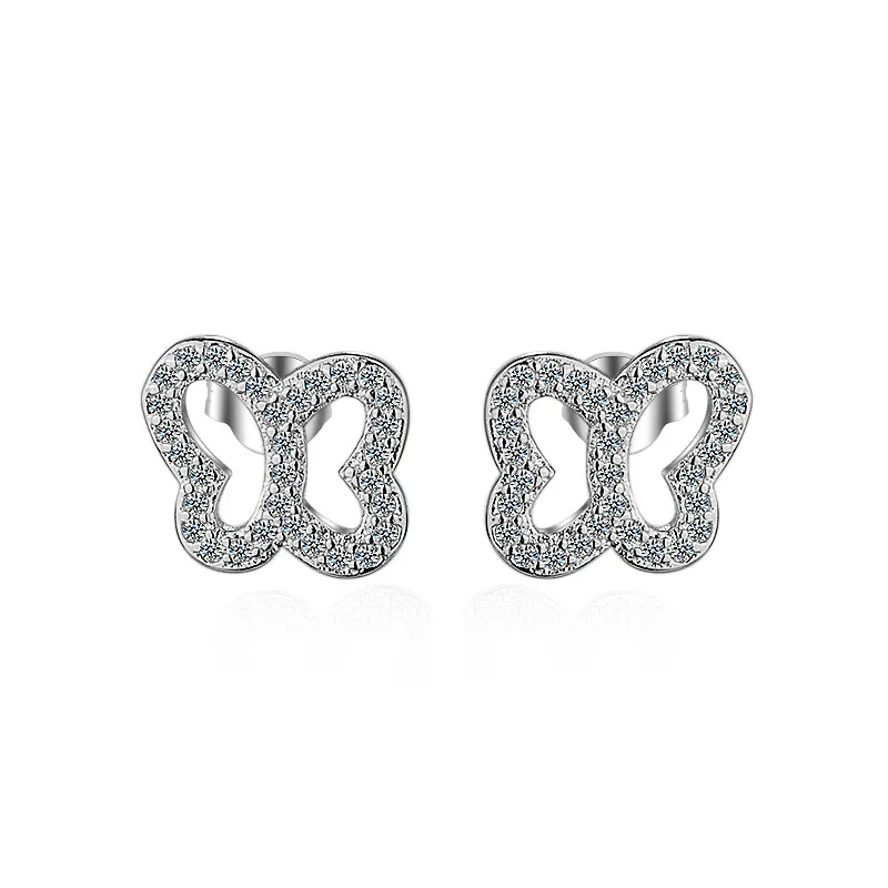 

100% 925 sterling silver hot fashion butterfly shiny zircon ladies stud earrings women birthday gift wedding jewelry cheap