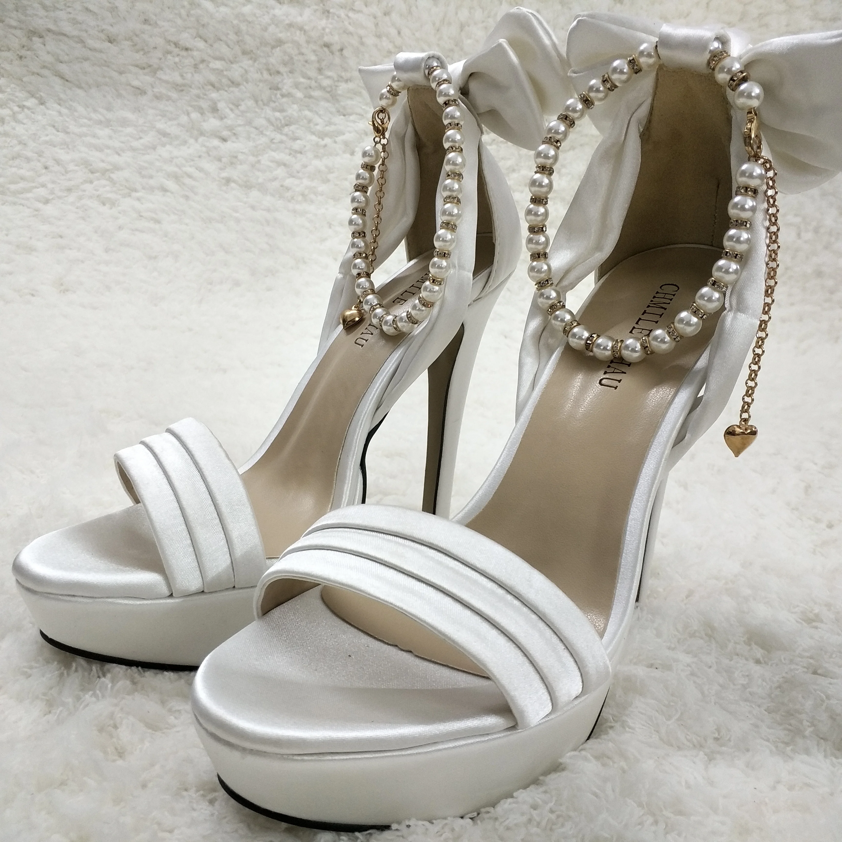

Women Stiletto High Heel Sandal Sexy Pearl Chain Open Toe Platform Bowing Ivory Satin Wedding Bridals Party Lady Shoe 3463SL-f
