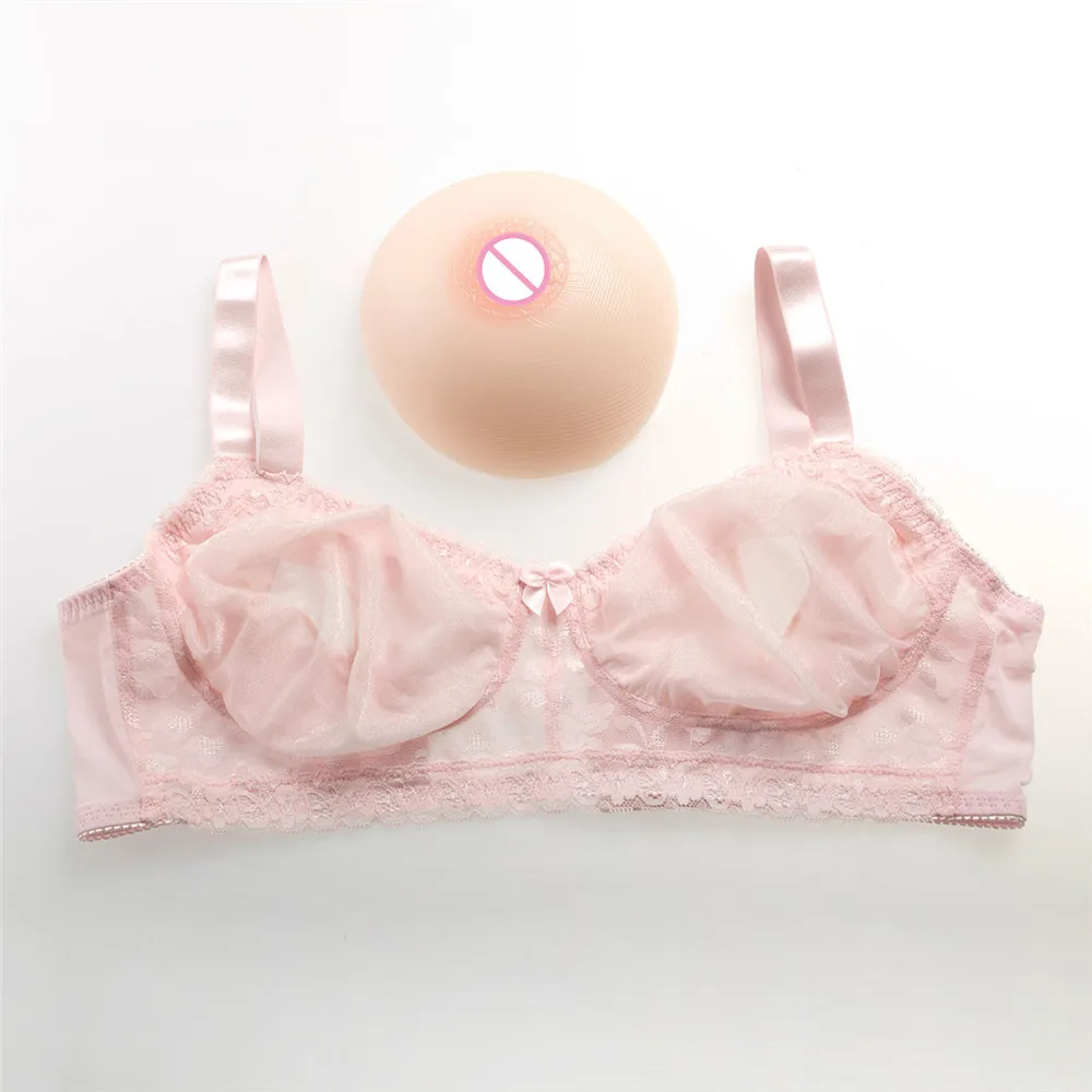Breast and Bra Set 1000 г/пара, круглая бежевая силиконовая грудь+ сексуальный розовый прозрачный кружевной Карманный бюстгальтер), транссексуал, искусственная грудь с бюстгальтером - Цвет: Breast and Bra Set