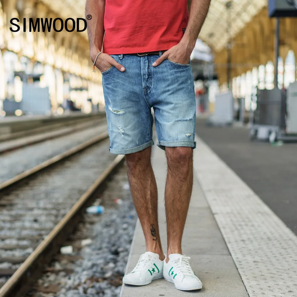 SIMWOOD/2019 новые летние джинсовые шорты мужские повседневные джинсы рваные с