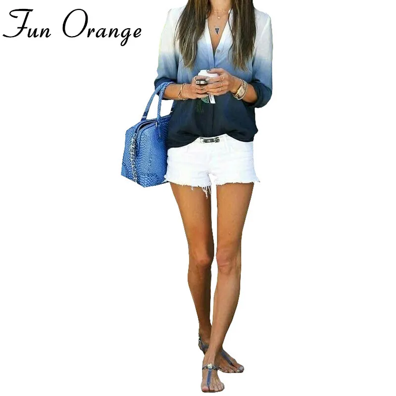 Fun Orange New Fashion Women Blouse V-neck Long Sleeve Shirts Patchwork Spring Autumn Casual Blouses | Женская одежда