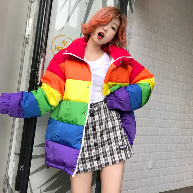 U-SWEAR Harajuku зимняя повседневная куртка для женщин Радуга ватная парка размера плюс свободное Полосатое пальто Femme Chaqueta Mujer