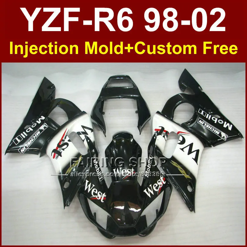 

West black white Injection fairing kits for YAMAHA YZFR6 1998 1999 2000 2001 2002 fairings YZF R6 98-02 YZF1000 body parts RF6E